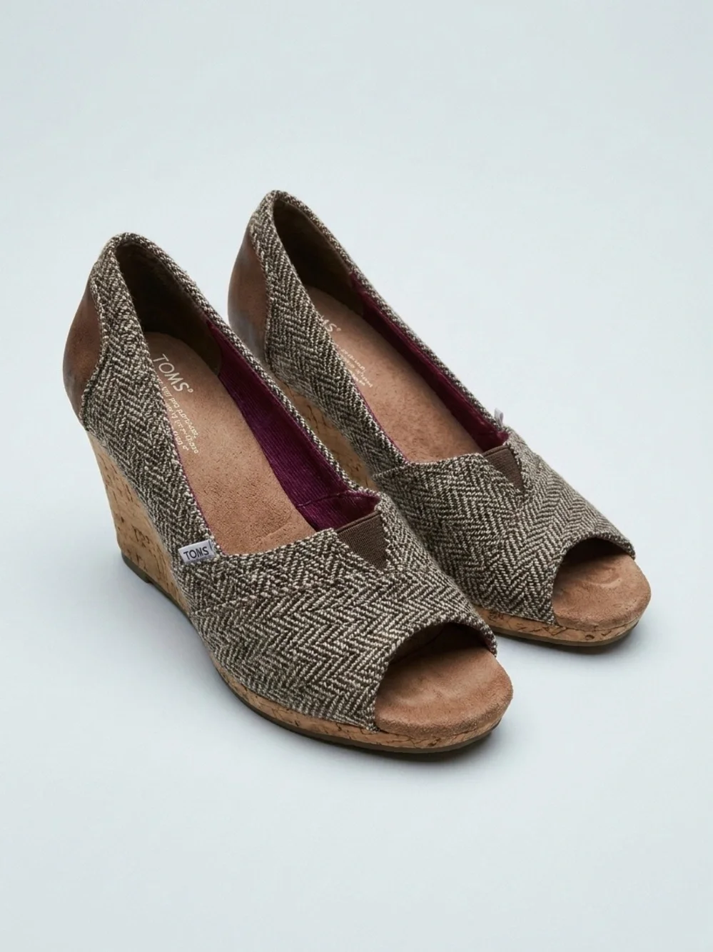 TOMS Brown Herringbone Cork Wedge Peep-Toe‎ Shoes